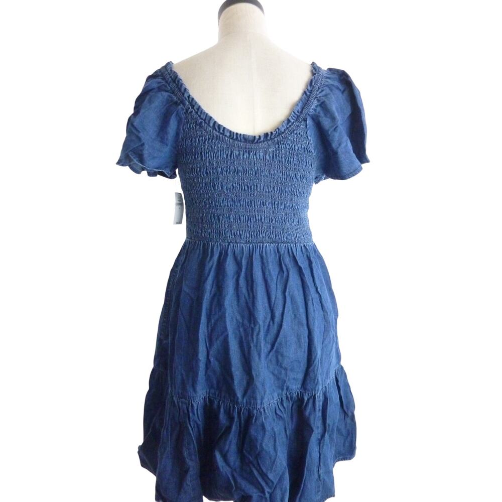 NWT Gap Flutter Sleeve Smocked Denim Mini Dress M Blue Scoop Neck Ruffle Hem - Picture 3 of 7